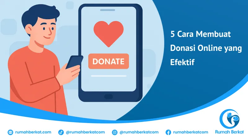 ara membuat donasi online dengan tangan menyentuh layar ponsel yang menampilkan tombol "Donasi Sekarang", dikelilingi simbol hati dan koneksi digital.