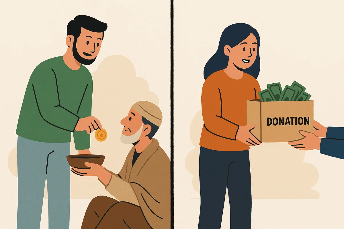 Beda sedekah dan donasi melalui dua bentuk bantuan, satu dilakukan secara pribadi dengan tangan terbuka, satu lagi diserahkan ke lembaga dengan tujuan spesifik.