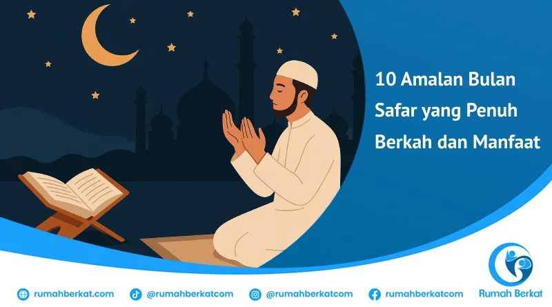Amalan bulan Safar dengan suasana malam yang tenang, Al-Qur’an terbuka, dan tangan yang berdoa, menggambarkan ketenangan dan kedekatan dengan Allah di awal tahun Hijriah.