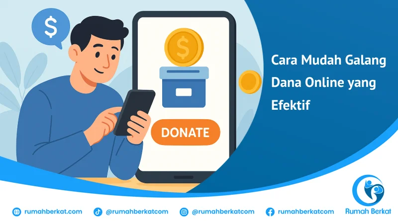 Ilustrasi konseptual galang dana online melalui perangkat digital dengan tangan yang memberi dan menerima, menggambarkan solidaritas di era digital.