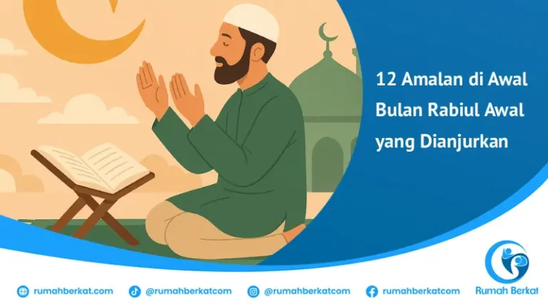 Seorang pria sedang berdoa di depan Al-Quran dengan latar bulan sabit, menggambarkan amalan di awal bulan Rabiul Awal.