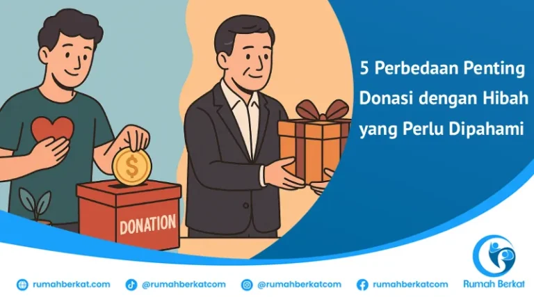 Seorang pria memasukkan uang ke kotak donasi sementara orang lain menyerahkan kado terbungkus rapi menggambarkan perbedaan antara donasi dengan hibah secara visual