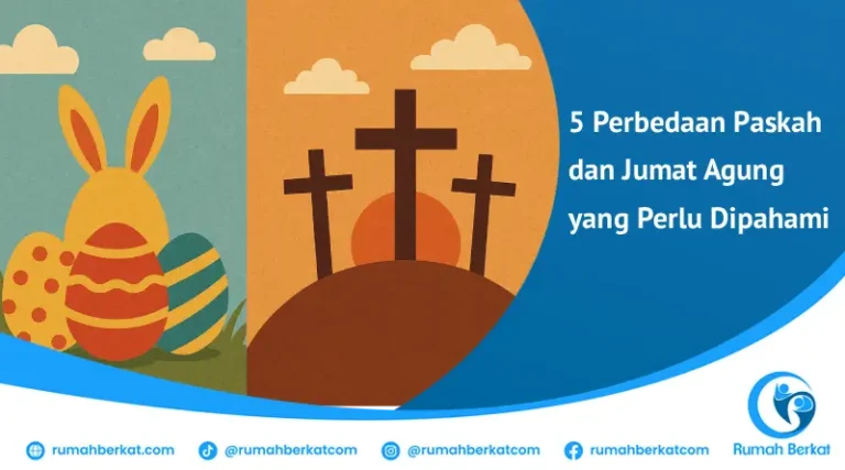 Ilustrasi perbandingan antara simbol Paskah (kelinci dan telur) dan Jumat Agung (salib), menggambarkan perbedaan Paskah dan Jumat Agung.