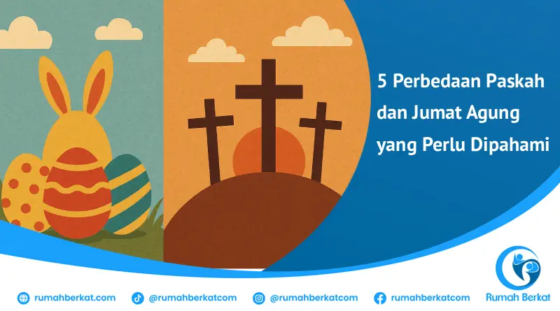 Ilustrasi perbandingan antara simbol Paskah (kelinci dan telur) dan Jumat Agung (salib), menggambarkan perbedaan Paskah dan Jumat Agung.