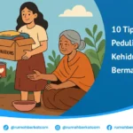 Ilustrasi aksi berbagi dan peduli dengan seorang wanita menyerahkan kotak donasi kepada lansia, menggambarkan praktik nyata dari tips berbagi dan peduli.