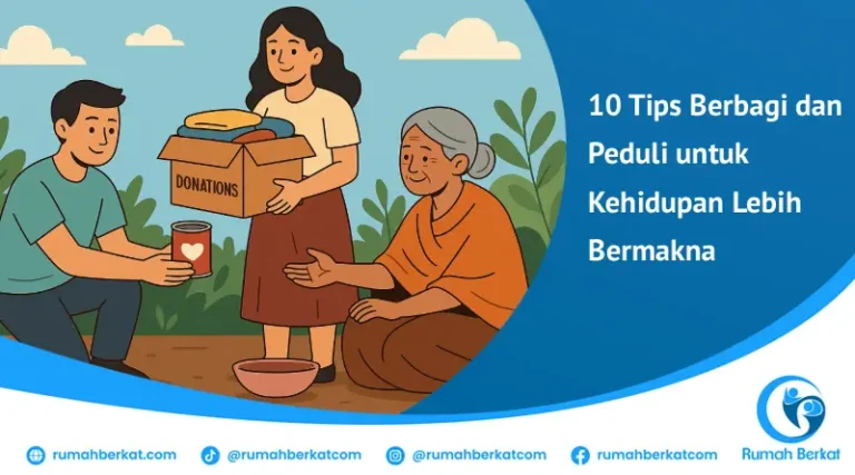 Ilustrasi aksi berbagi dan peduli dengan seorang wanita menyerahkan kotak donasi kepada lansia, menggambarkan praktik nyata dari tips berbagi dan peduli.