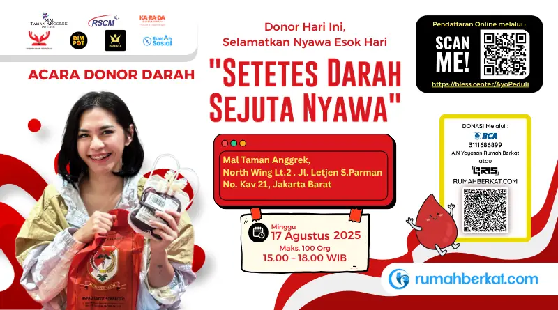 Infografis jadwal donor darah Jakarta Barat 17 Agustus 2025 di Mal Taman Anggrek, menampilkan lokasi, waktu, dan informasi peserta.