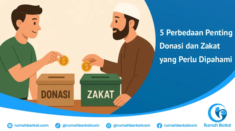Dua orang sedang menyalurkan bantuan ke kotak donasi dan zakat, menggambarkan perbedaan antara keduanya.